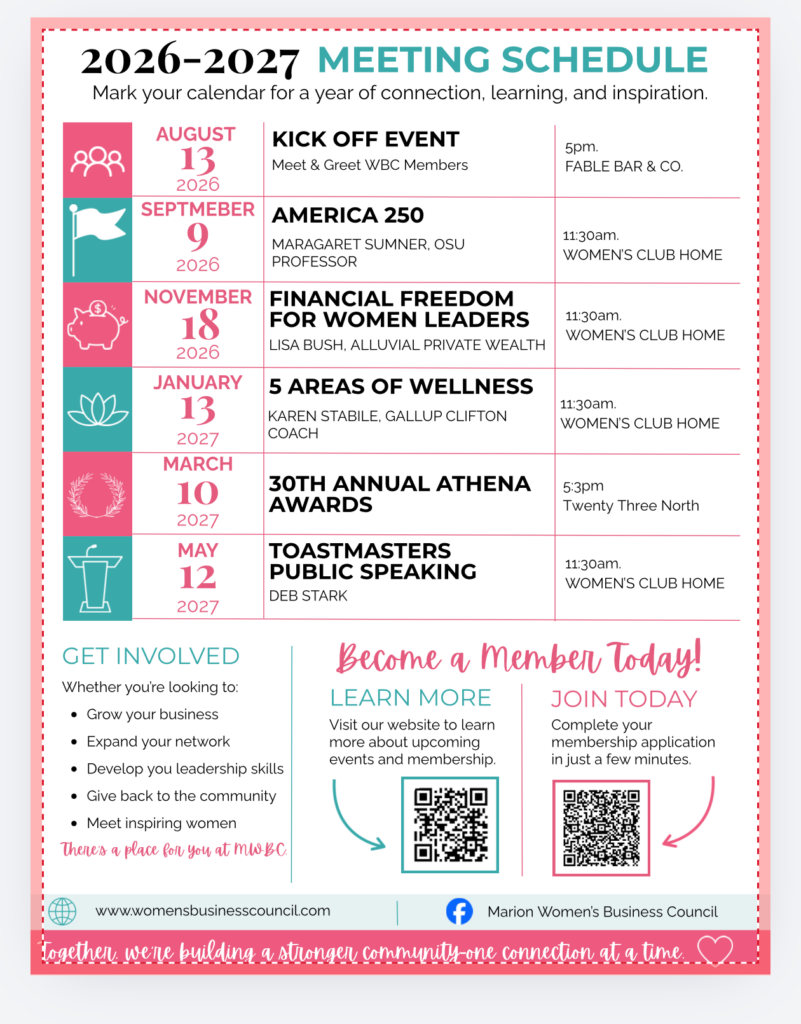 A graphic indicating the 2026/2027 calendar of events for the Marion Womens Business Council.